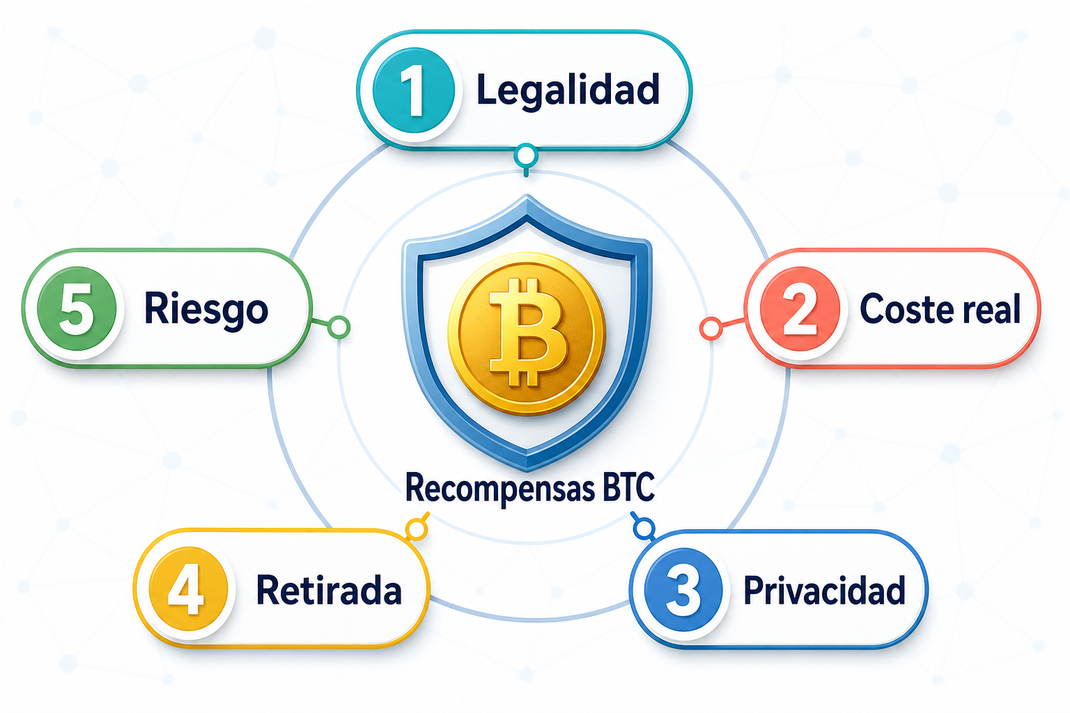 Infografía con cinco criterios para evaluar recompensas en Bitcoin: legalidad, coste, privacidad, retirada y riesgo
