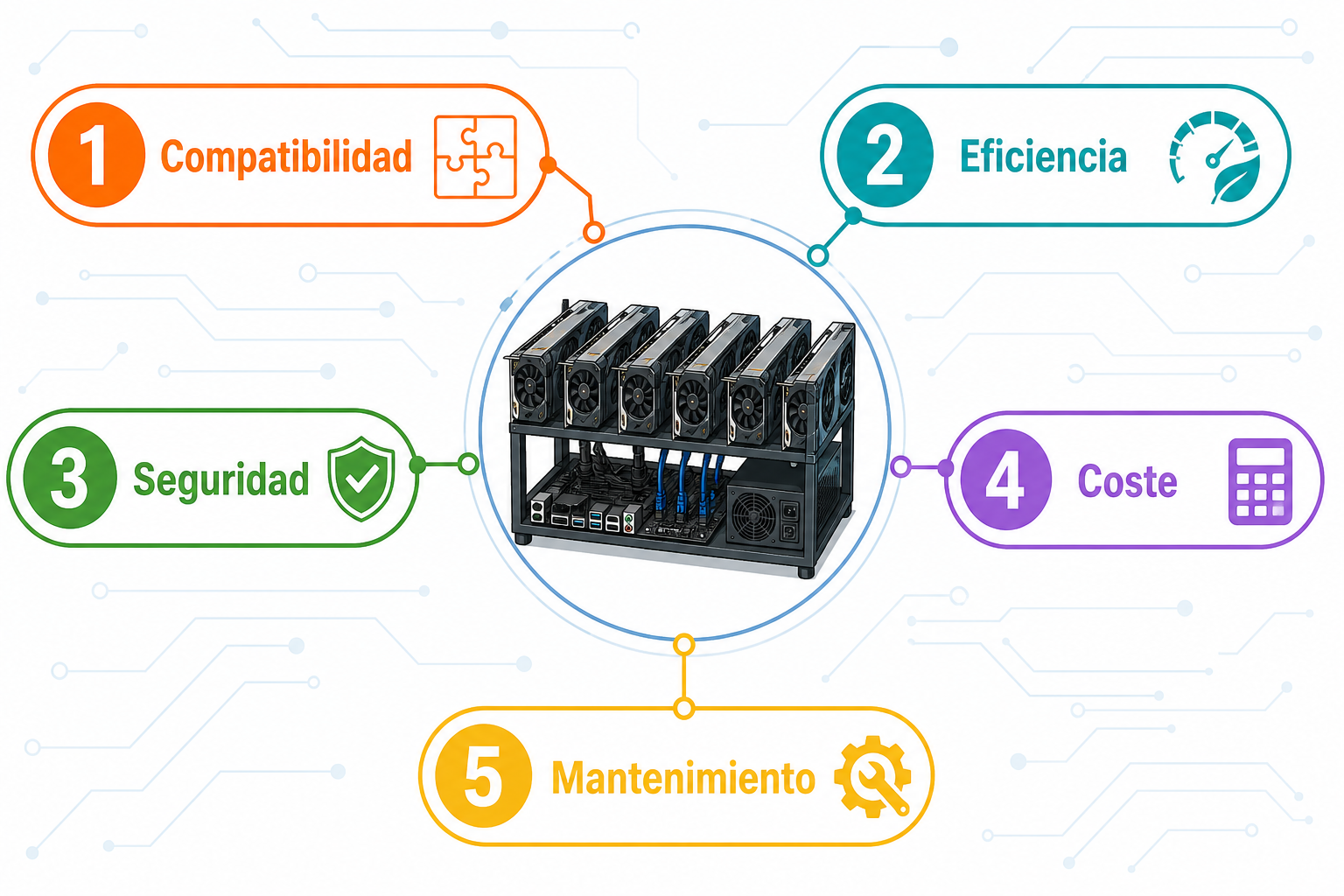 Infografía de cinco criterios para evaluar un rig de minería con seis GPU