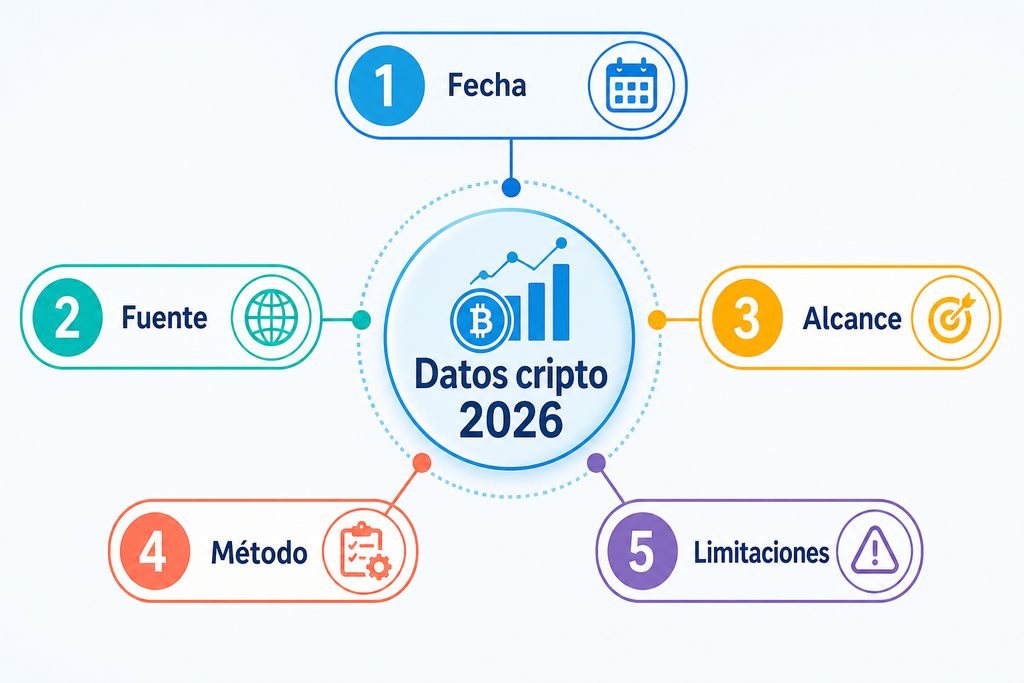 Infografía de cinco criterios para verificar estadísticas de criptomonedas en 2026