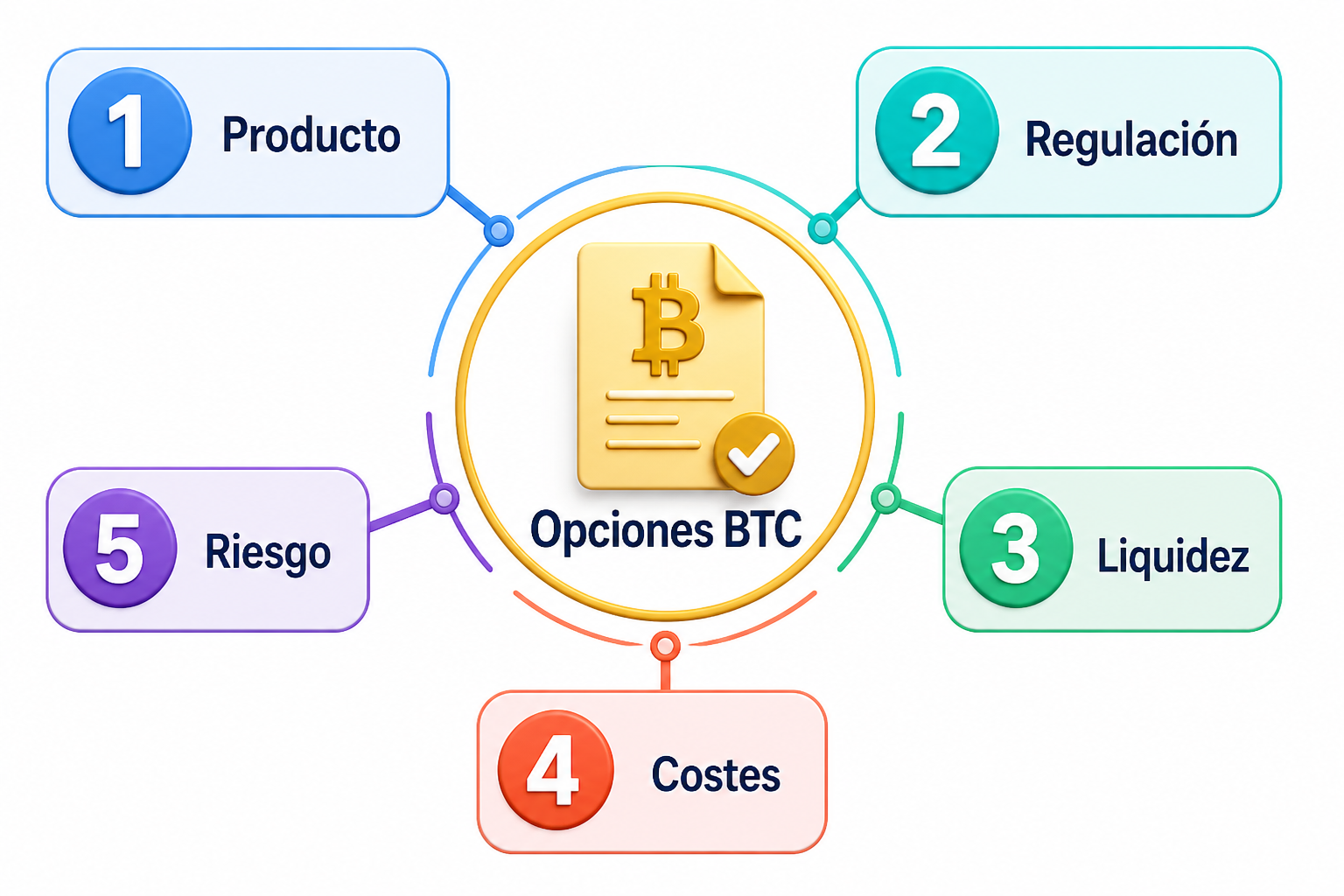 Infografía con cinco criterios para evaluar una plataforma de opciones de Bitcoin