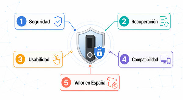 Infografía con cinco criterios para comparar hardware wallets Trezor y Ledger
