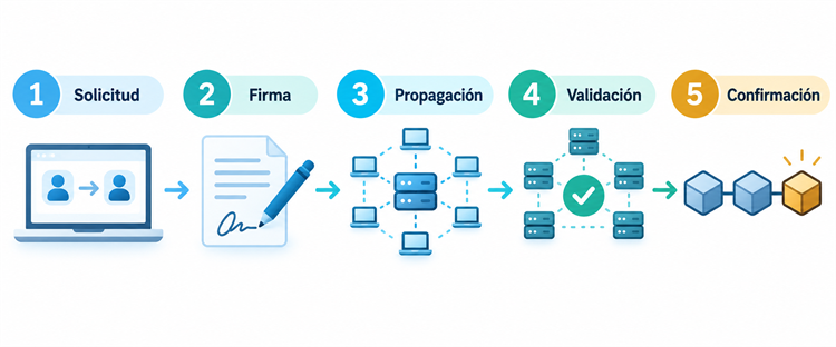 Cinco etapas de una transacción blockchain: solicitud, firma, propagación, validación y confirmación