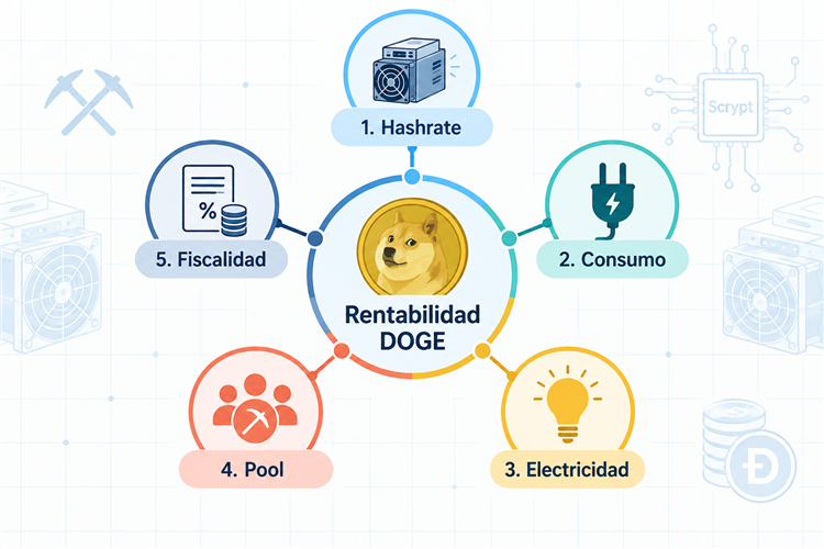 Infografía con cinco criterios para evaluar la rentabilidad de minar Dogecoin