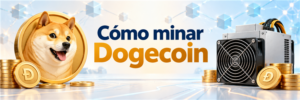 Equipo ASIC y símbolo de Dogecoin en una guía de minería