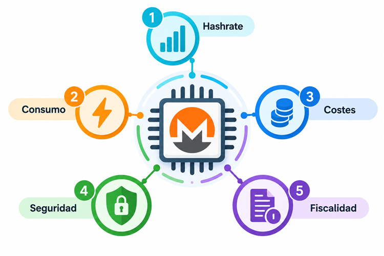 Infografía con cinco criterios para evaluar la minería de Monero
