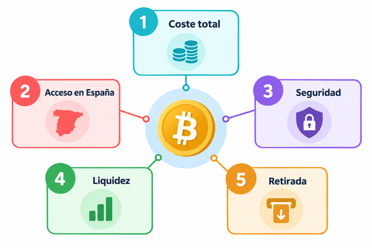 Infografía con coste total, acceso en España, seguridad, liquidez y retirada para comparar compras de Bitcoin
