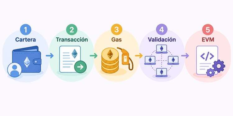 Cinco etapas de una operación Ethereum: cartera, transacción, gas, validación y EVM