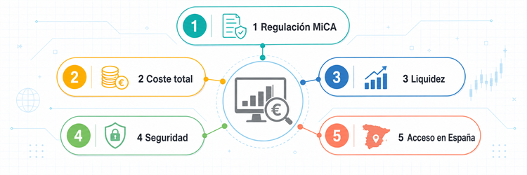 Infografía con cinco criterios para evaluar alternativas a Binance: MiCA, coste, liquidez, seguridad y acceso en España