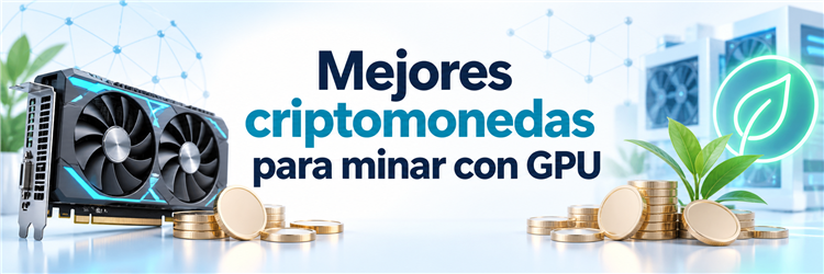 Tarjeta gráfica junto a monedas y una red blockchain para minería GPU