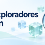 Mejores exploradores blockchain representados con bloques conectados y una lupa