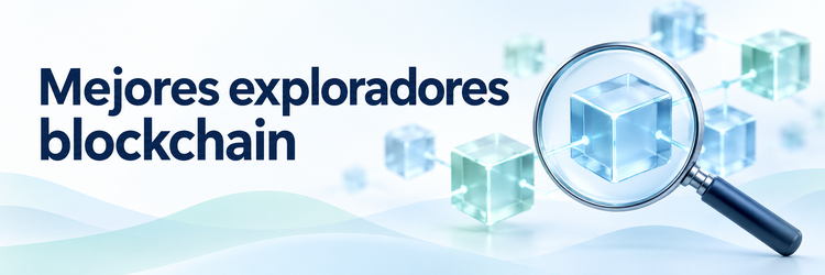 Mejores exploradores blockchain representados con bloques conectados y una lupa