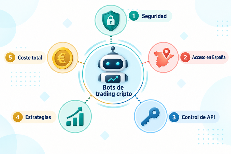 Infografía con cinco criterios para evaluar bots de trading de criptomonedas