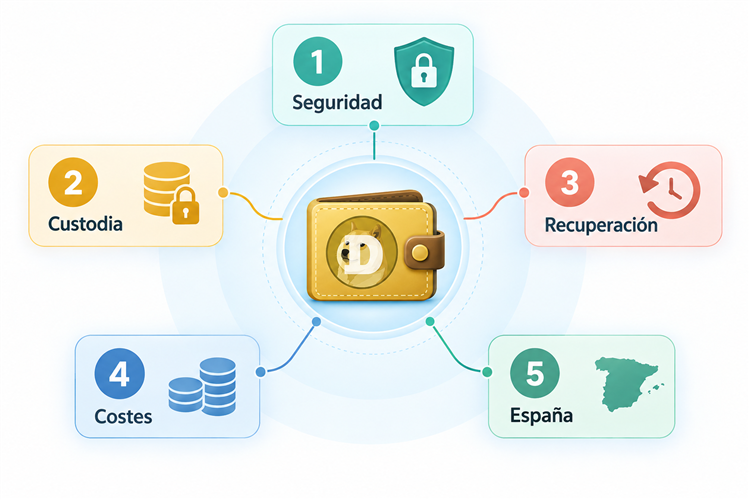 Metodología para evaluar seguridad, custodia, recuperación, costes y uso de carteras Dogecoin en España