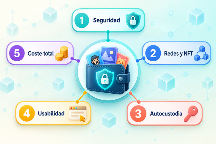 Cinco criterios para evaluar seguridad, redes, autocustodia, usabilidad y coste de carteras NFT