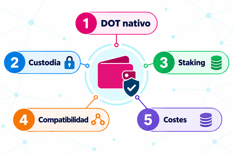 Cinco criterios para evaluar DOT nativo, custodia, staking, compatibilidad y costes