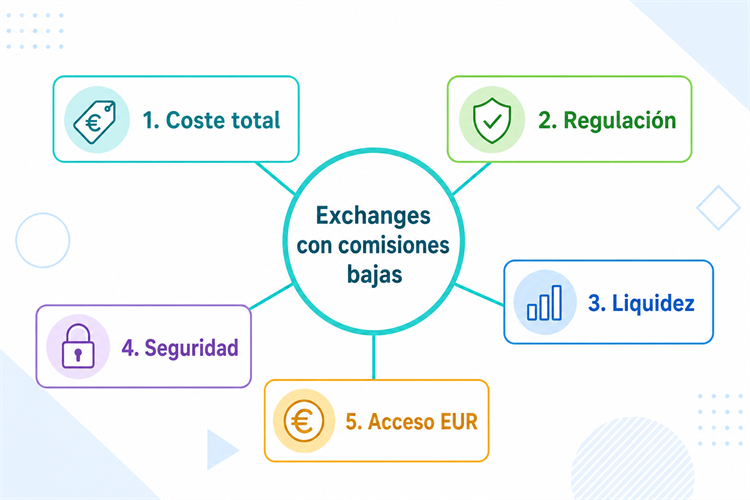 Infografía de los cinco criterios usados para evaluar exchanges con comisiones bajas