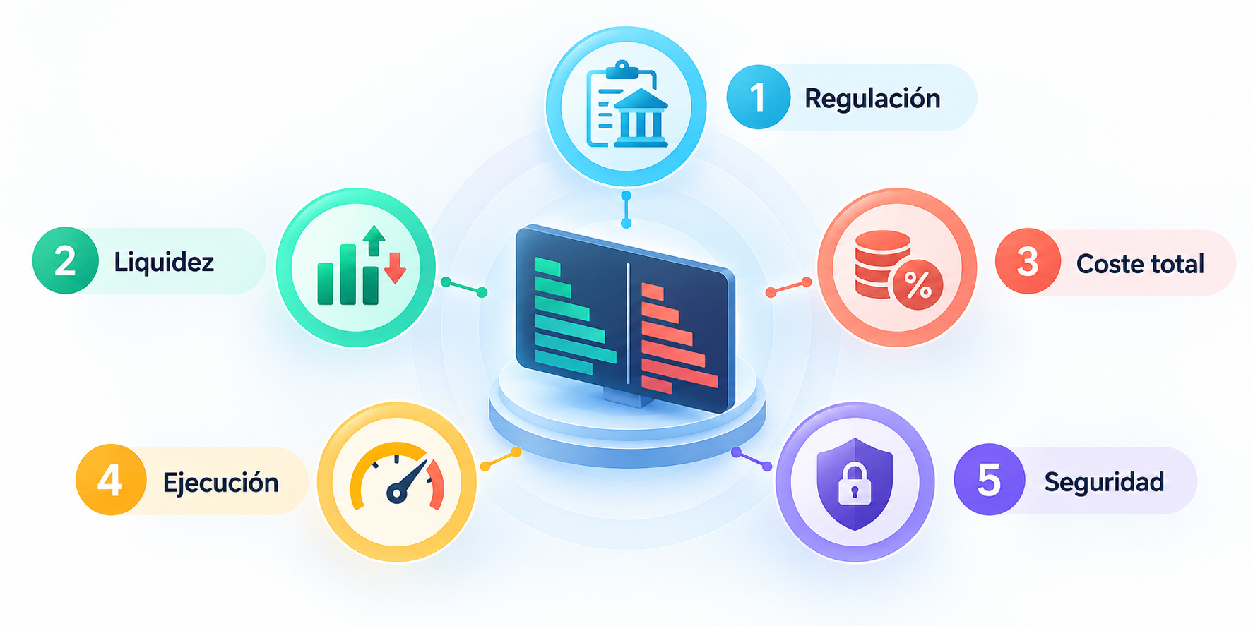 Infografía con cinco criterios para evaluar exchanges de day trading de criptomonedas