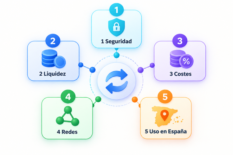 Cinco criterios para evaluar exchanges descentralizados: seguridad, liquidez, costes, redes y uso en España