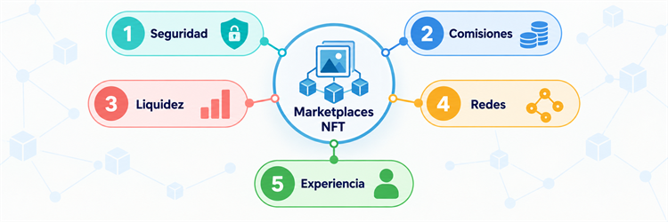 Infografía de cinco criterios para evaluar marketplaces de NFT